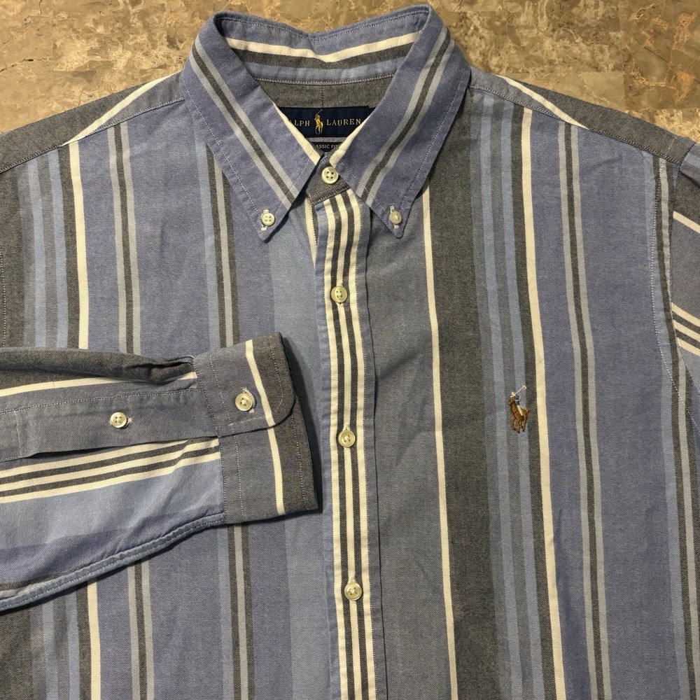 Polo Ralph Lauren Shirt Mens Large Blue Striped Oxford Long Sleeve OCBD
